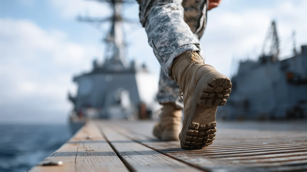 Military service member in camouflage uniform walking on a naval ship deck