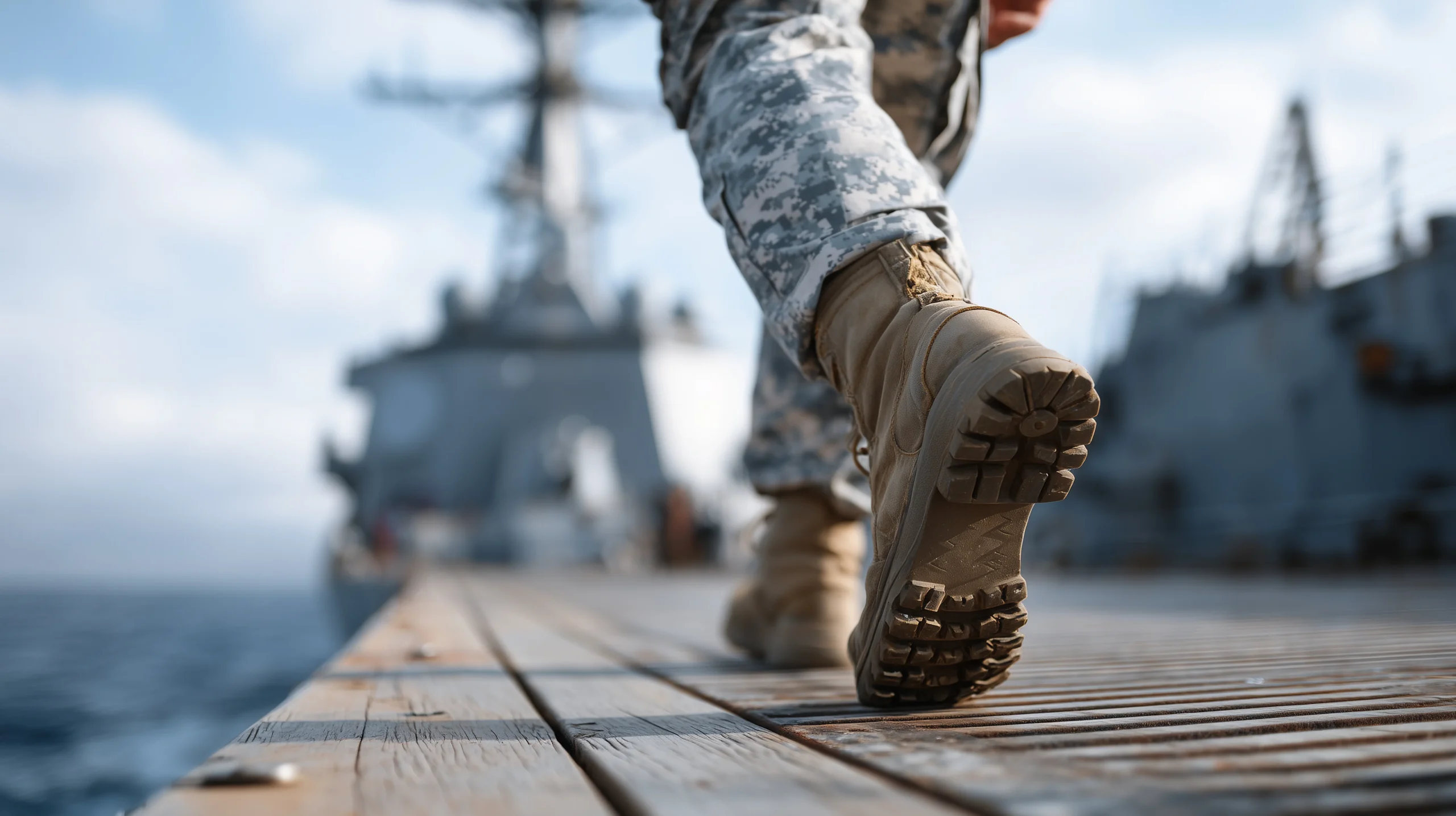 Military service member in camouflage walking on a naval ship deck representing military advertising opportunities